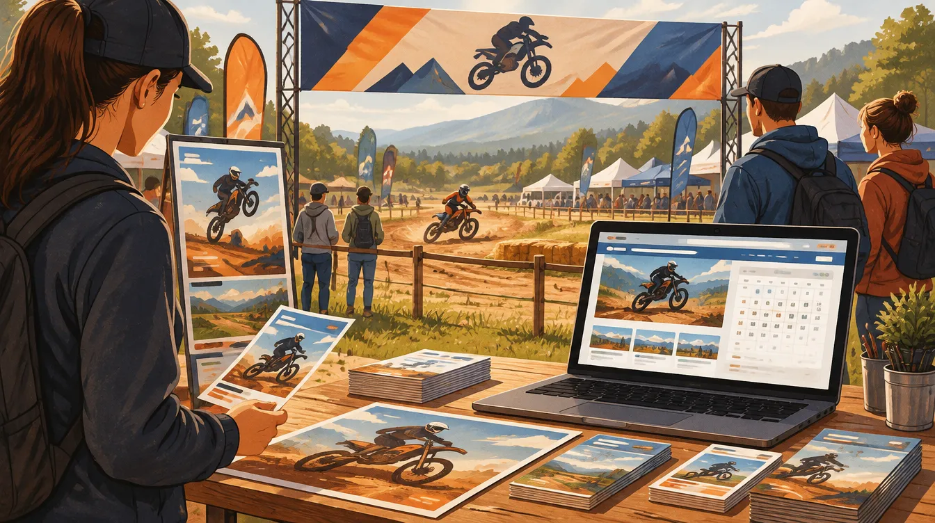 Illustration d’un événement sportif en plein air à Estillac : bâche, affiches, flyers et site avec agenda