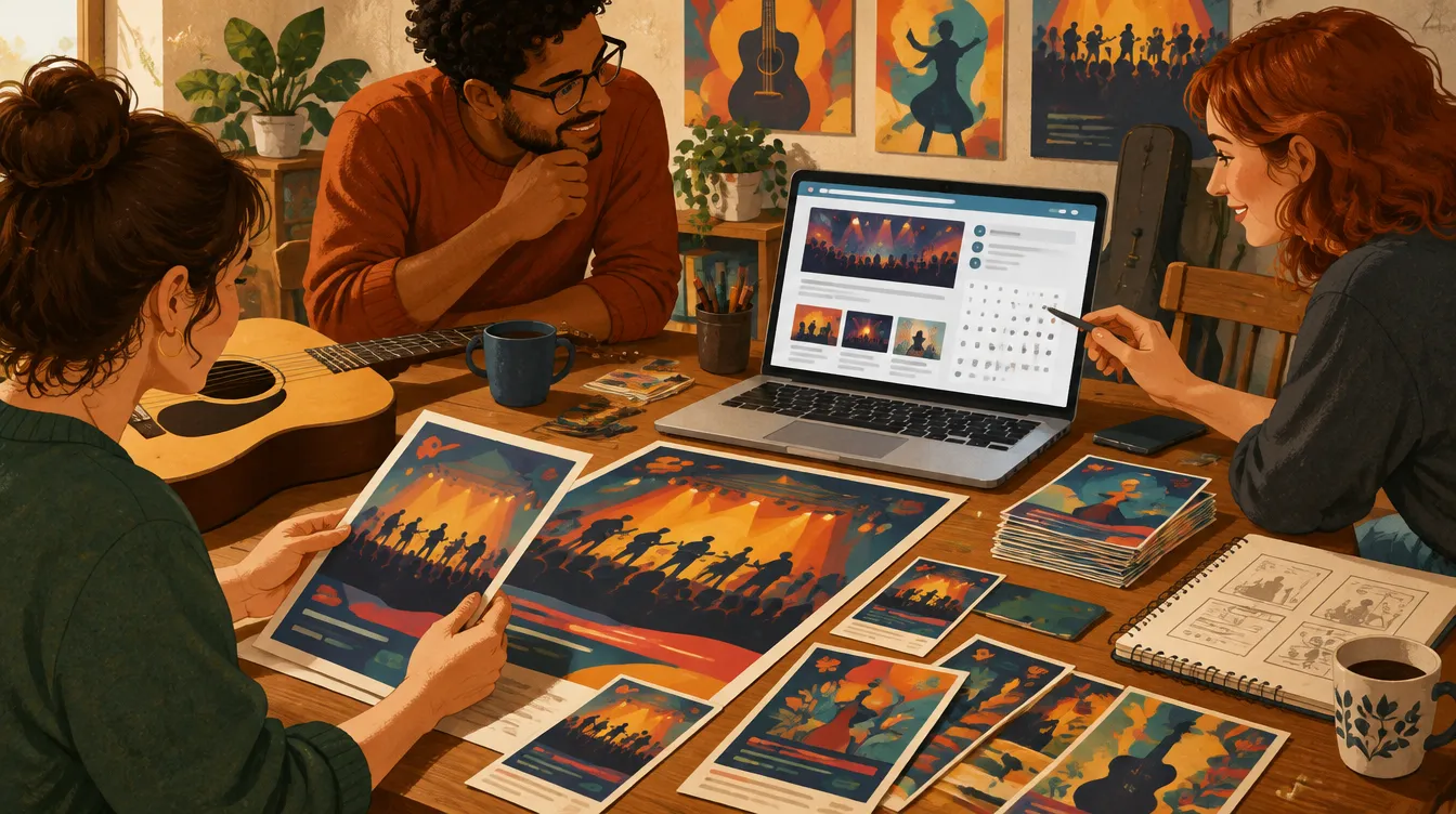 Illustration d’une association qui prépare un concert à Astaffort : affiches, flyers et site d’événements