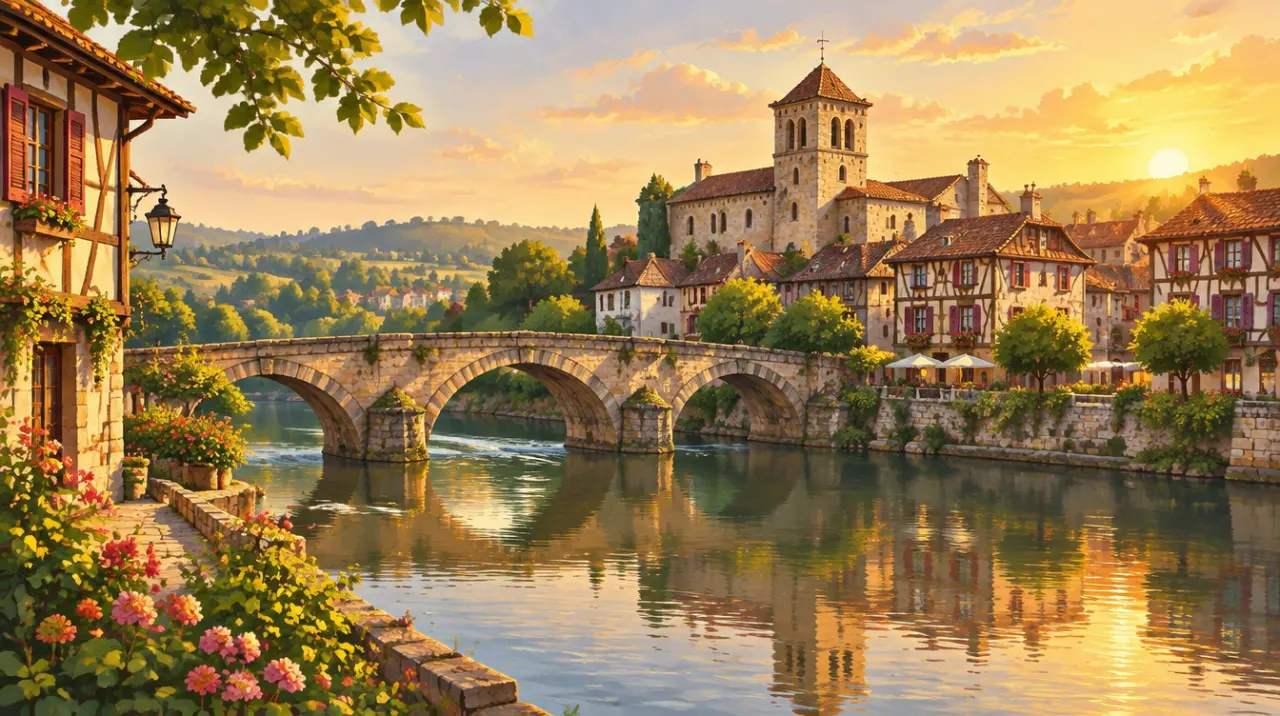 Illustration d'une bastide du Lot-et-Garonne au bord de la rivière