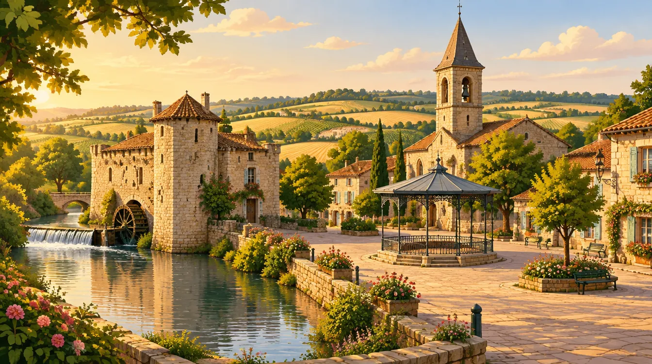 Illustration du bourg d’Astaffort dans le Brulhois, avec son église, son kiosque à musique et le moulin fortifié (Lot-et-Garonne)