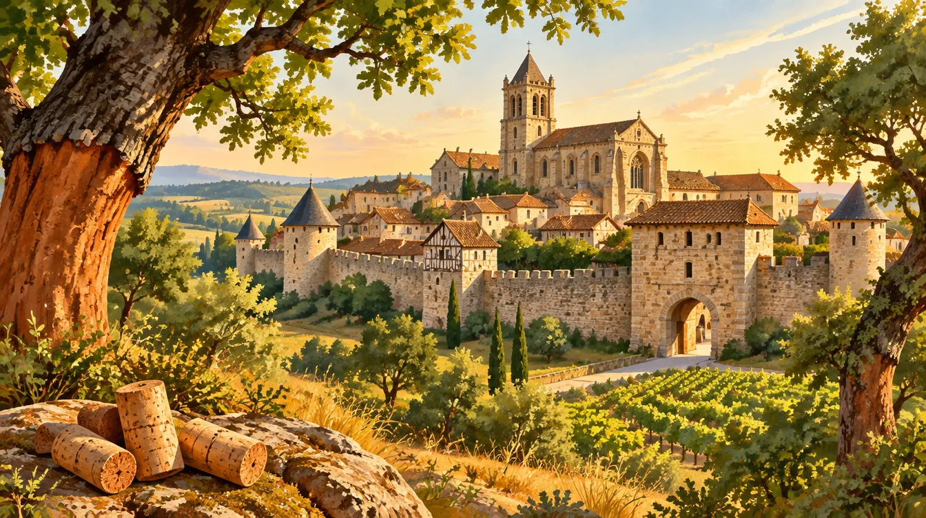 Illustration du bourg fortifié de Mézin, son église fortifiée, sa porte et le liège (Lot-et-Garonne)