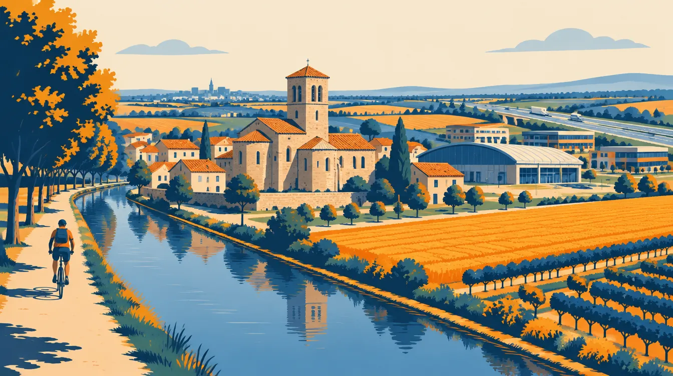 Illustration de Brax, aux portes d’Agen, avec son église romane Saint-Pierre, son canal, ses champs et ses zones d’activités (Lot-et-Garonne)