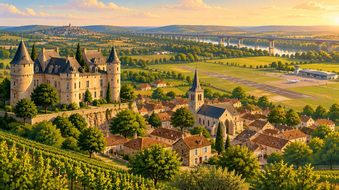 Illustration d’Estillac dans le Brulhois, avec son château, son église, l’aéroport et l’autoroute à proximité (Lot-et-Garonne)