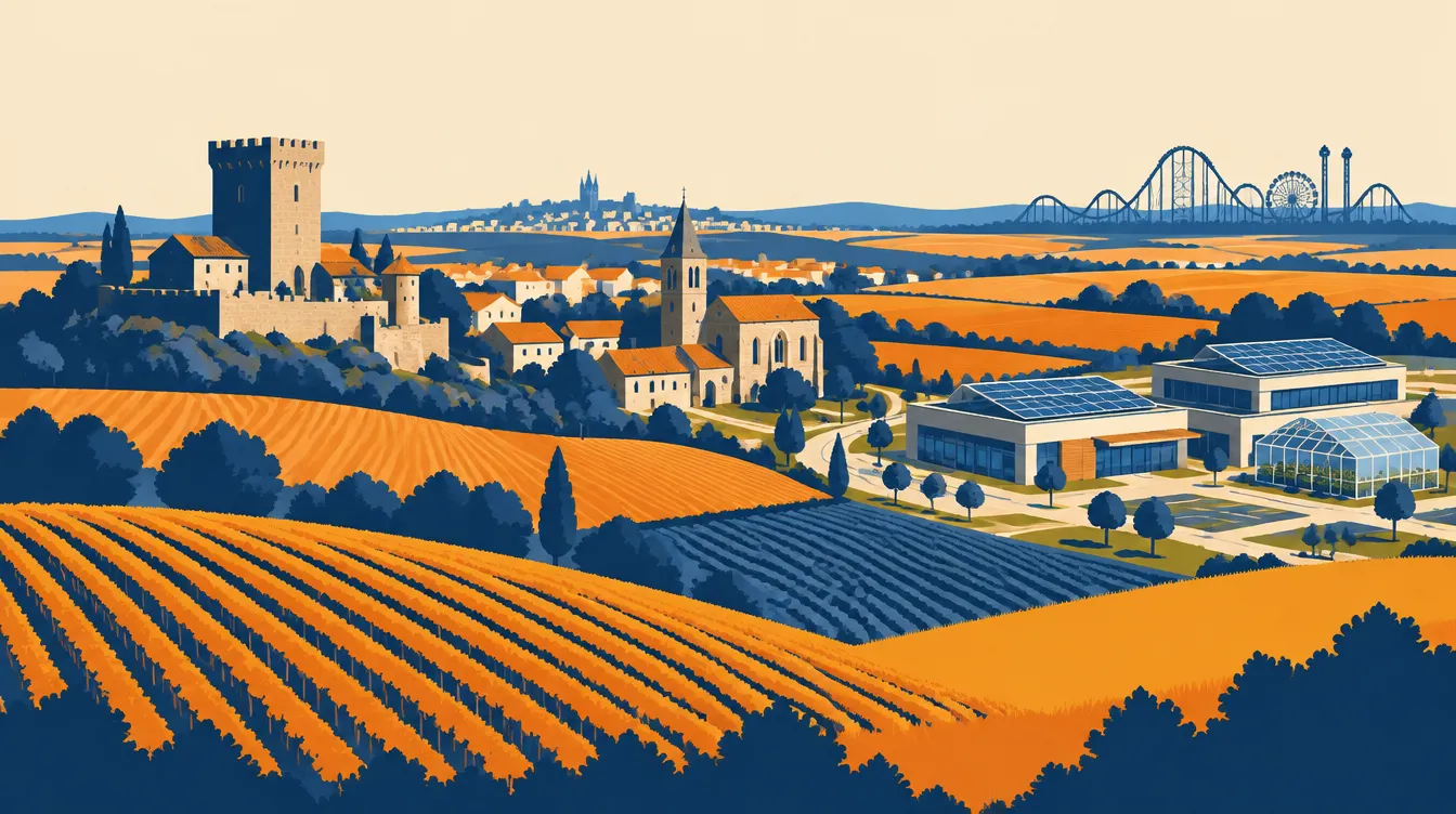 Illustration de Roquefort, près d’Agen, avec son château et son donjon, son église, ses champs et sa zone d’activité (Lot-et-Garonne)