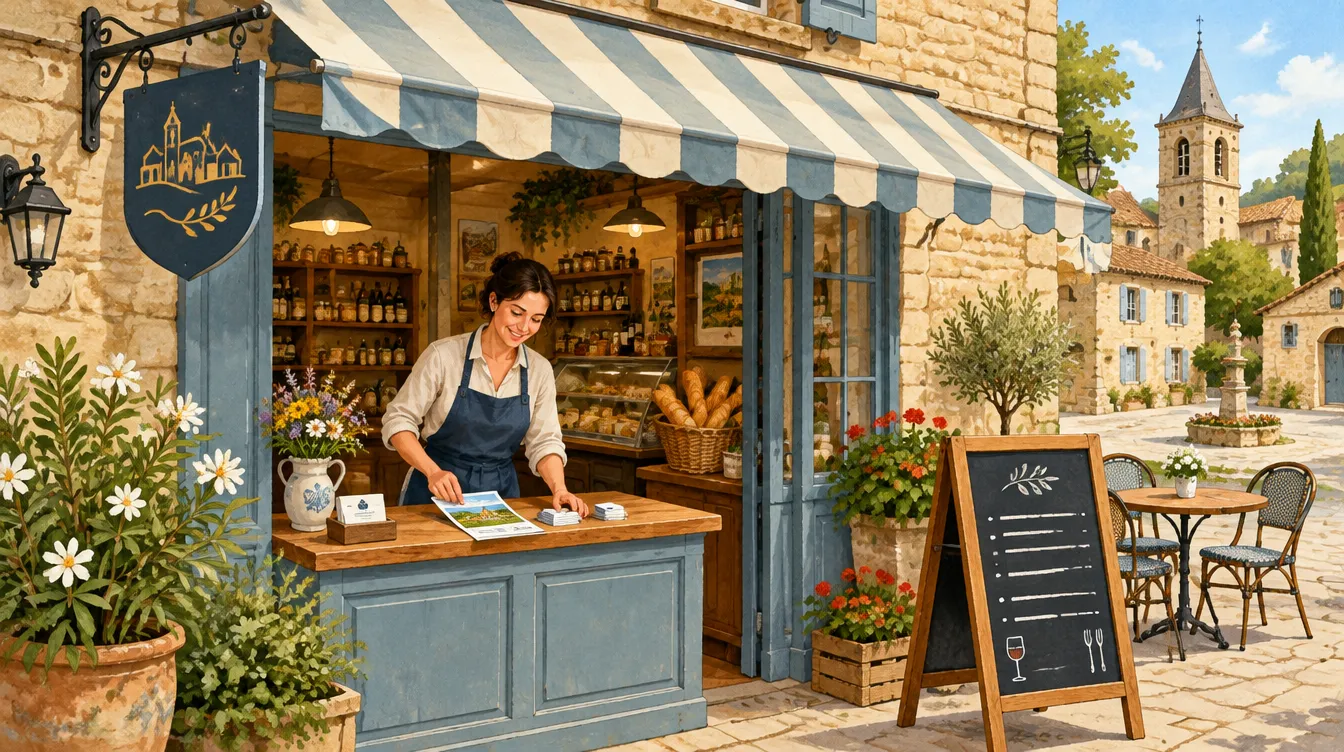 Illustration d’un commerçant de Mézin qui dépose flyers et cartes de visite sur son comptoir