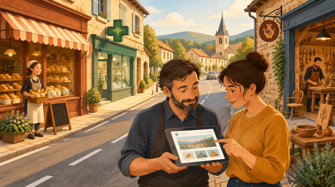 Illustration d’une rue commerçante d’Astaffort où un commerçant consulte son site internet avec un graphiste