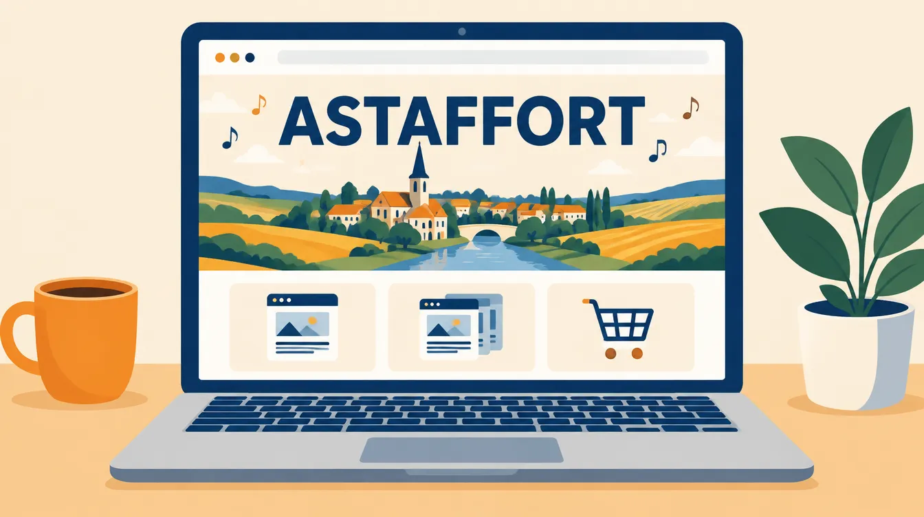Illustration d’un site internet intitulé Astaffort sur un ordinateur portable, avec le village, la rivière et trois formules : one-page, vitrine, boutique