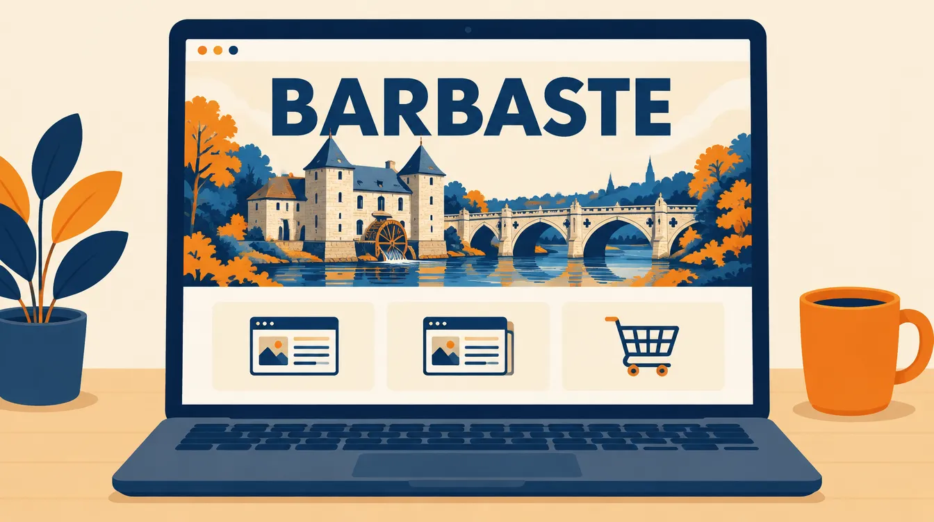 Illustration d’un site internet intitulé Barbaste sur un ordinateur portable, avec le Moulin des Tours, le pont et trois formules : one-page, vitrine, boutique