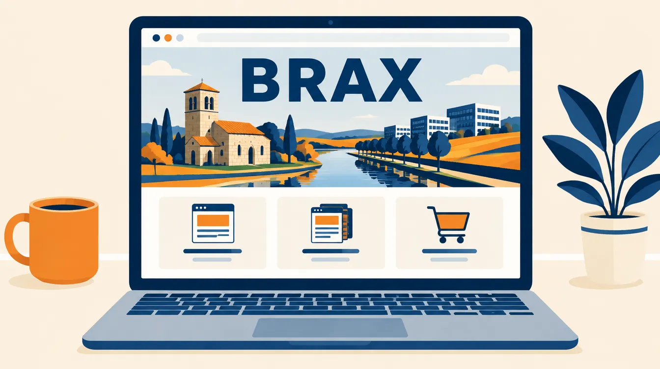 Illustration d’un site internet intitulé Brax sur un ordinateur portable, avec l’église, le canal et trois formules : one-page, vitrine, boutique