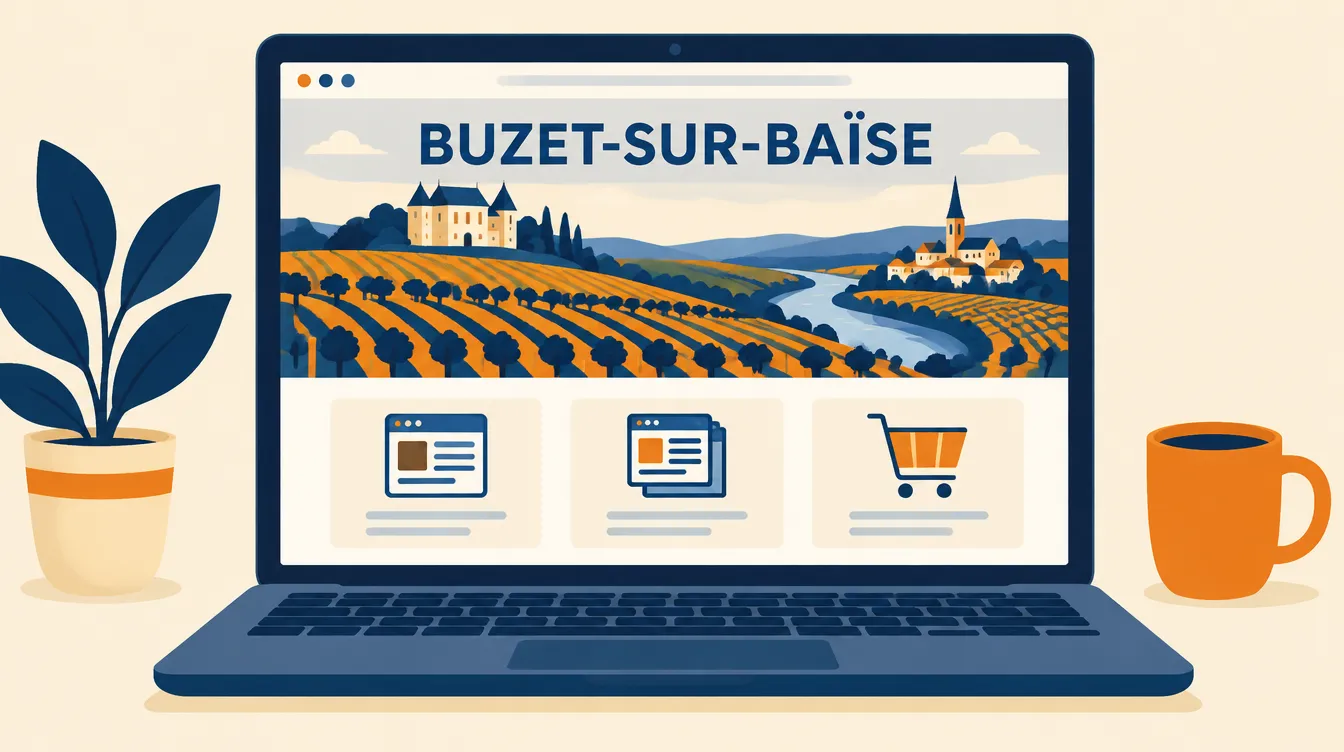 Illustration d’un site internet intitulé Buzet-sur-Baïse sur un ordinateur portable, avec le vignoble, le château et trois formules : one-page, vitrine, boutique