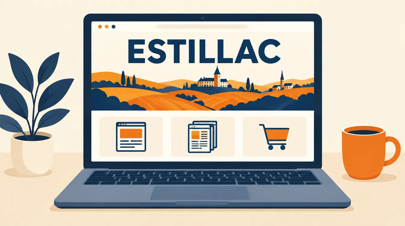 Illustration d’un site internet intitulé Estillac sur un ordinateur portable, avec le paysage du Brulhois, le château et trois formules : one-page, vitrine, boutique