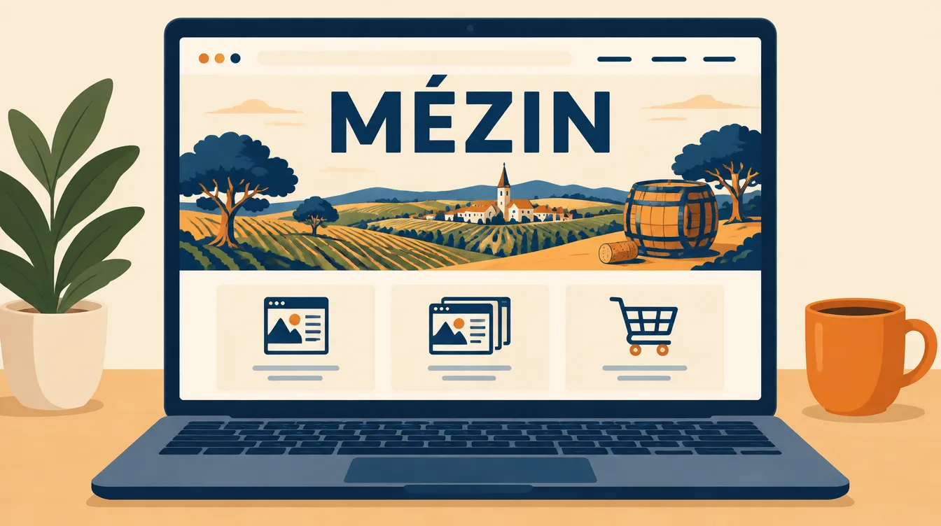 Illustration d’un site internet intitulé Mézin sur un ordinateur portable, avec les vignes, un tonneau d’armagnac et trois formules : one-page, vitrine, boutique