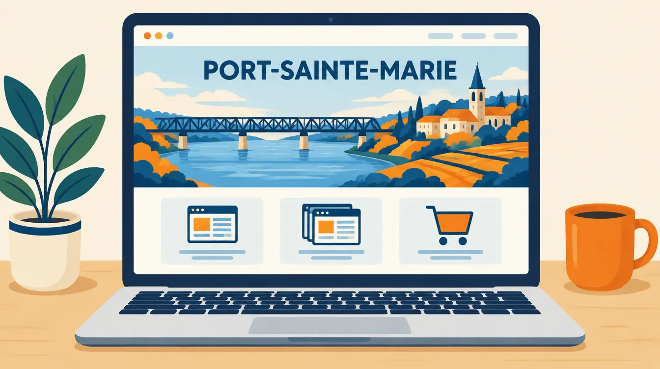 Illustration d’un site internet intitulé Port-Sainte-Marie sur un ordinateur portable, avec la Garonne, le pont ferroviaire et trois formules : one-page, vitrine, boutique
