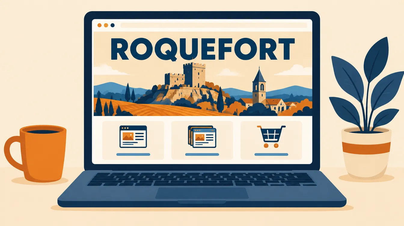 Illustration d’un site internet intitulé Roquefort sur un ordinateur portable, avec le château, le clocher et trois formules : one-page, vitrine, boutique