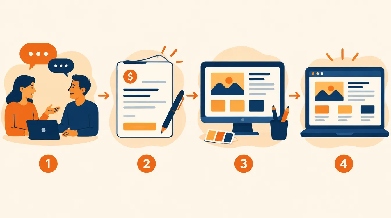 Illustration des quatre étapes de création d’un site internet à Estillac, de l’échange à la mise en ligne