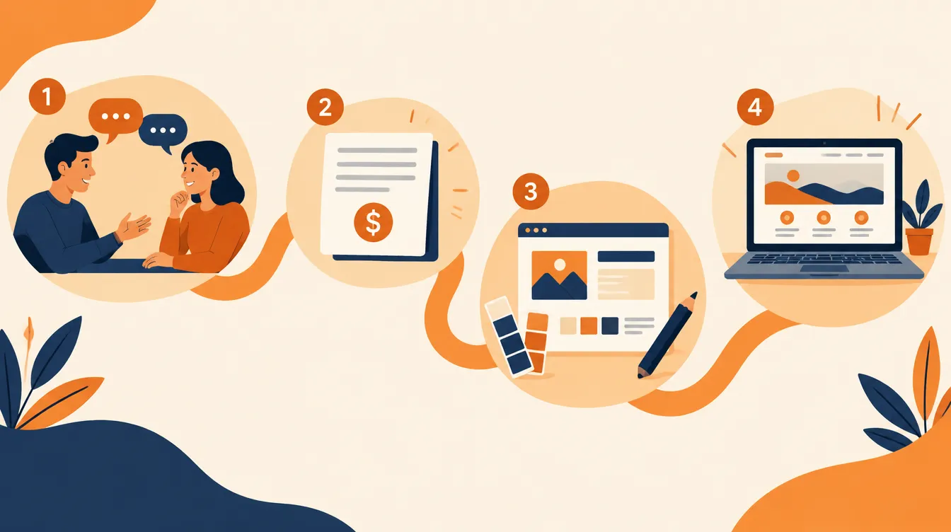 Illustration des quatre étapes de création d’un site internet à Mézin, de l’échange à la mise en ligne