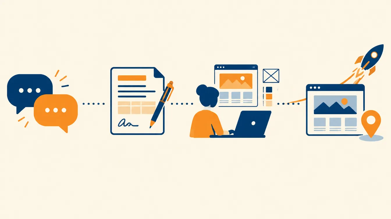 Illustration des quatre étapes de création d’un site internet à Roquefort, de l’échange à la mise en ligne