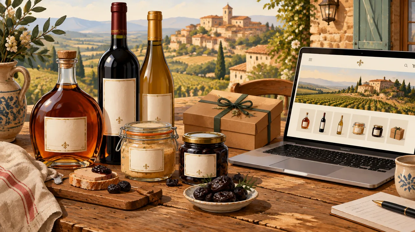 Illustration de produits du pays d’armagnac avec étiquettes, coffret et boutique en ligne, pour les producteurs autour de Mézin