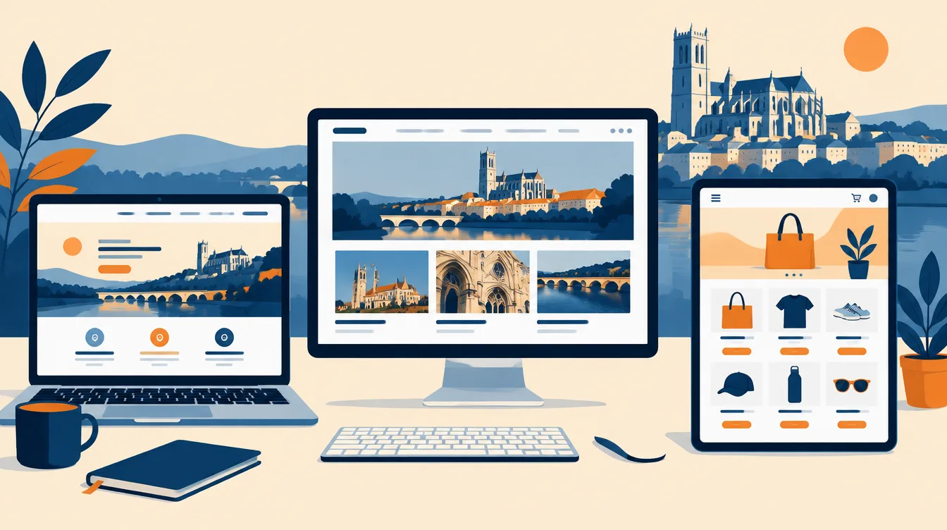 Trois maquettes de site : one-page, site vitrine et boutique en ligne, avec la cathédrale d’Agen en arrière-plan