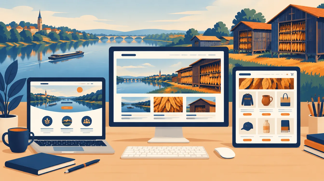 Trois maquettes de site : one-page, site vitrine et boutique en ligne, avec la Garonne en arrière-plan