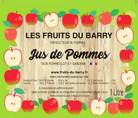 Étiquette de jus de pommes 1 litre des Fruits du Barry, producteur de pommes en Lot-et-Garonne, créée par Graphiste CC