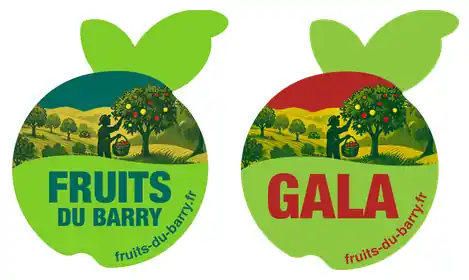 Stickers en forme de pomme des Fruits du Barry (Fruits du Barry et variété Gala) collés sur chaque pomme, créés par Graphiste CC