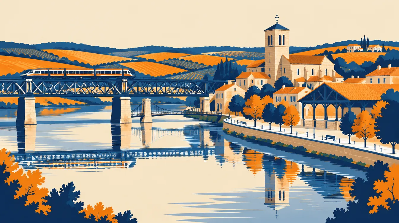 Illustration de Port-Sainte-Marie au bord de la Garonne, avec son pont ferroviaire, son église et sa halle (Lot-et-Garonne)
