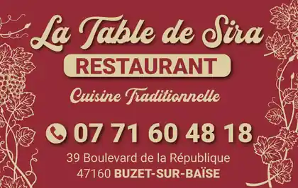 Carte de visite de La Table de Sira, bar restaurant à Buzet-sur-Baïse (47), créée par Graphiste CC