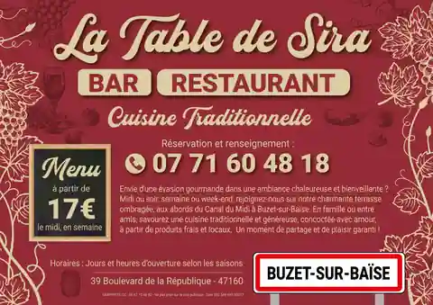 Flyer A5 de La Table de Sira, bar restaurant à Buzet-sur-Baïse (47), créé par Graphiste CC