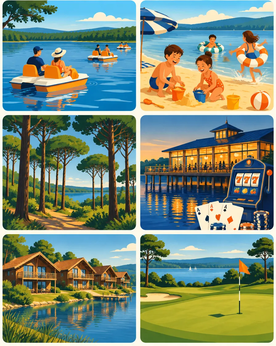 Loisirs au lac de Clarens à Casteljaloux : pédalos, enfants au bord de l’eau, pins des Landes de Gascogne, casino sur pilotis, chalets et golf