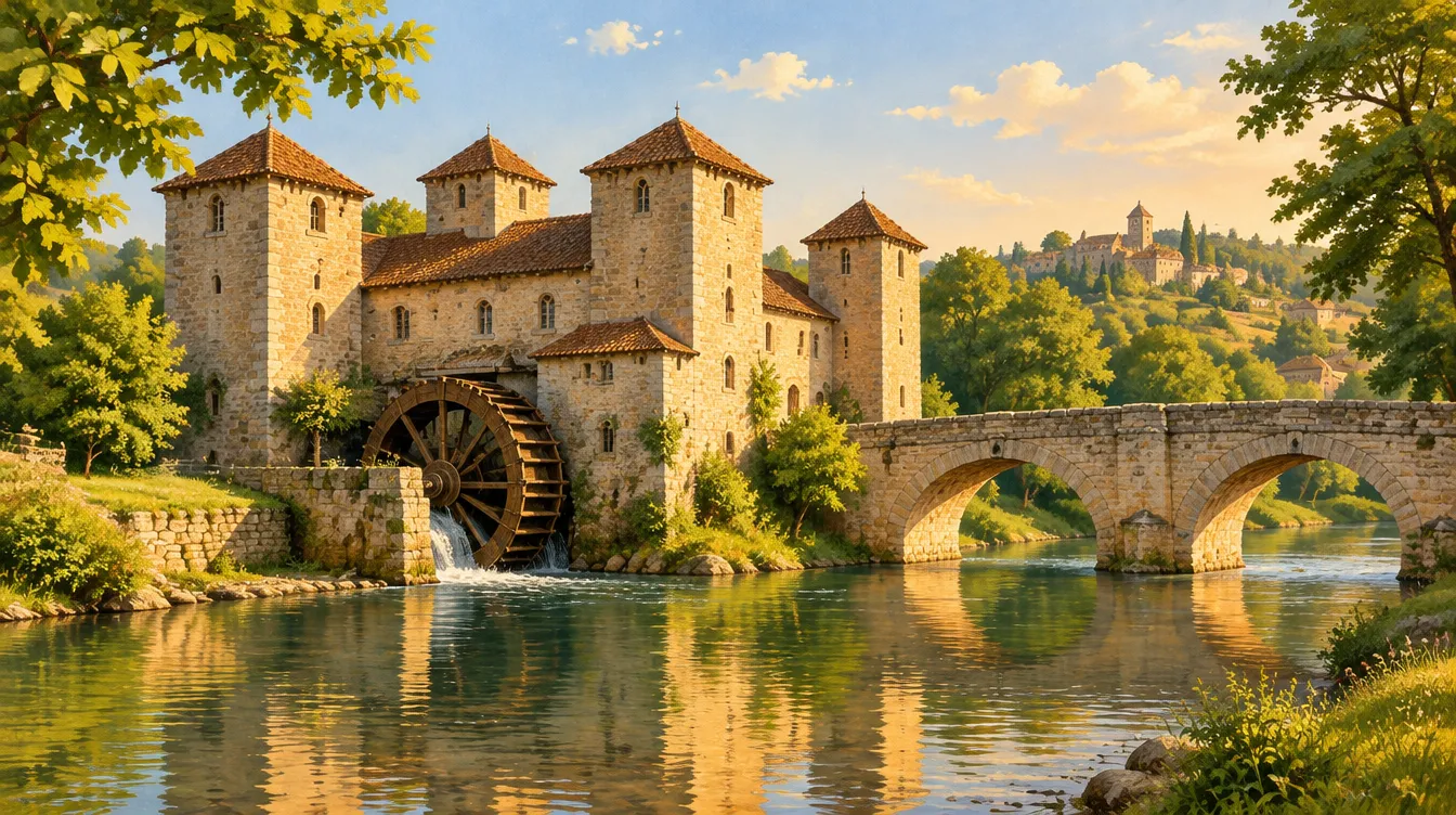 Illustration du moulin des Tours et du pont roman sur la Gélise à Barbaste (Lot-et-Garonne)