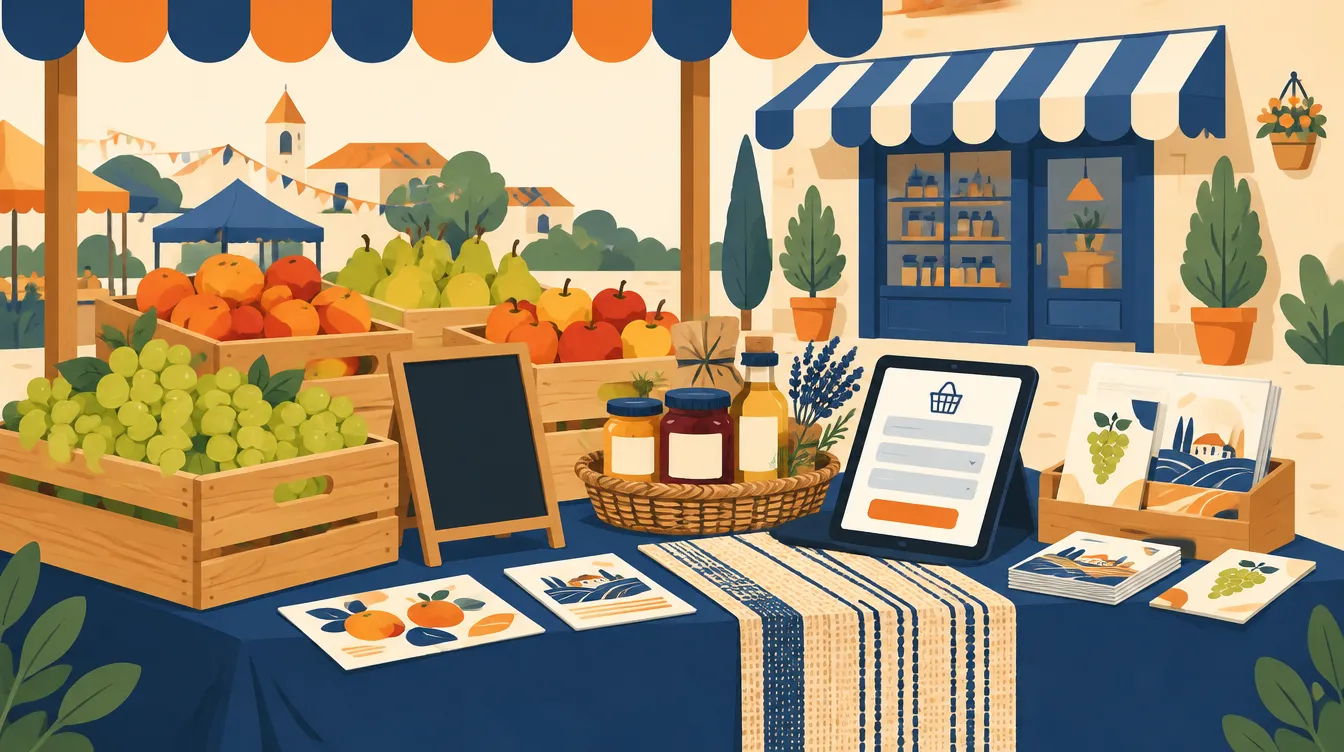 Illustration d’un étal de producteur et d’un commerce de Port-Sainte-Marie avec raisin de table, supports imprimés et site internet de commande