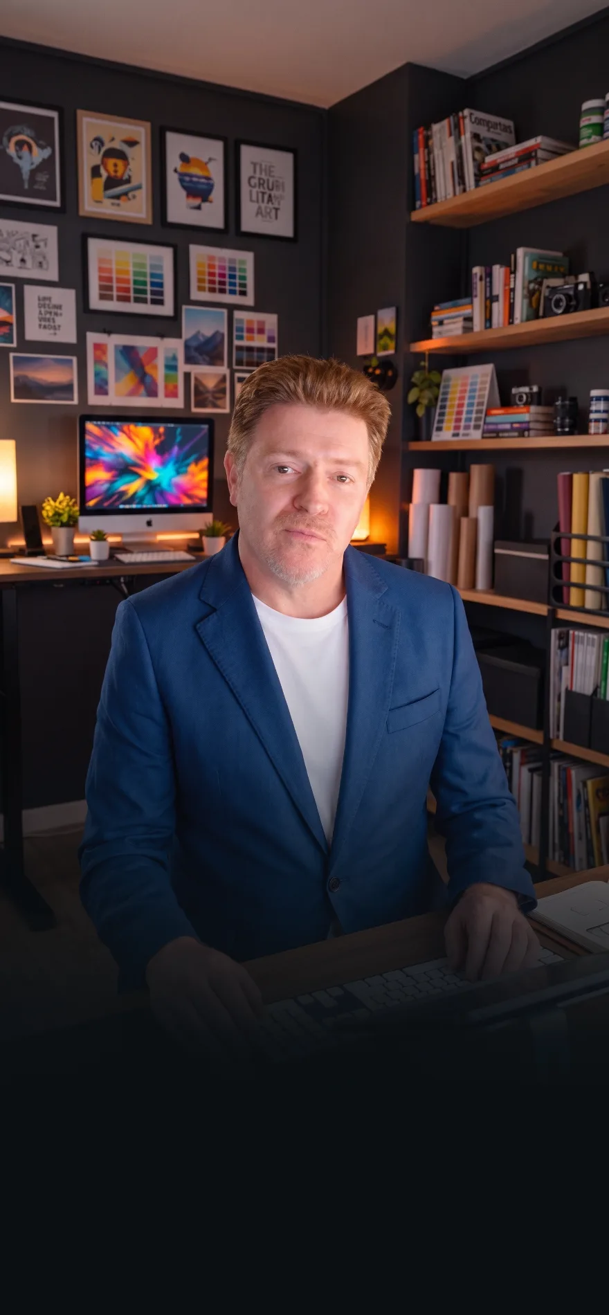Serge-Jérôme Laverny, graphiste et webmaster à Montgaillard-en-Albret (Lot-et-Garonne), dans son atelier devant un iMac