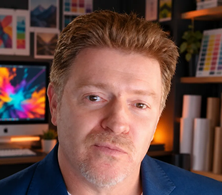 Serge-Jérôme Laverny, graphiste et webmaster à Montgaillard-en-Albret (Lot-et-Garonne), dans son atelier devant un iMac