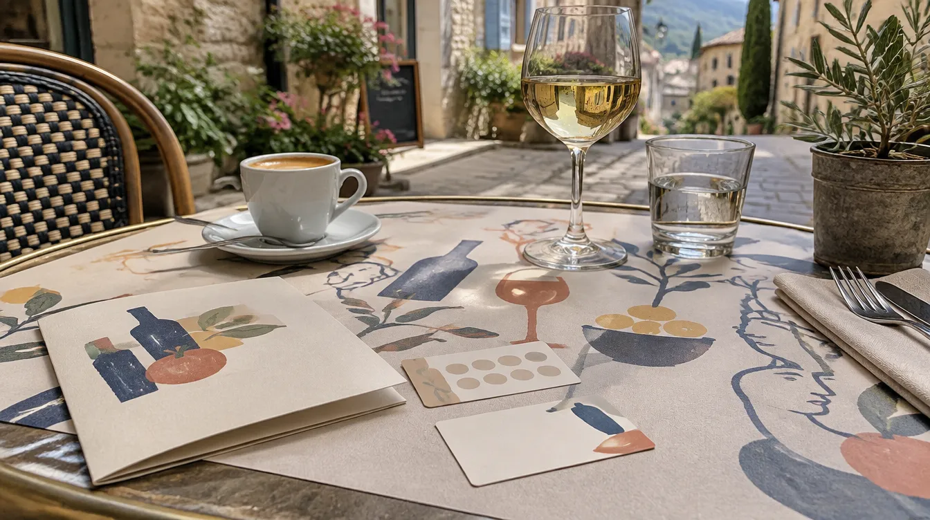 Illustration : set de table, menu, carte de fidélité et carte de visite pour un restaurant de village