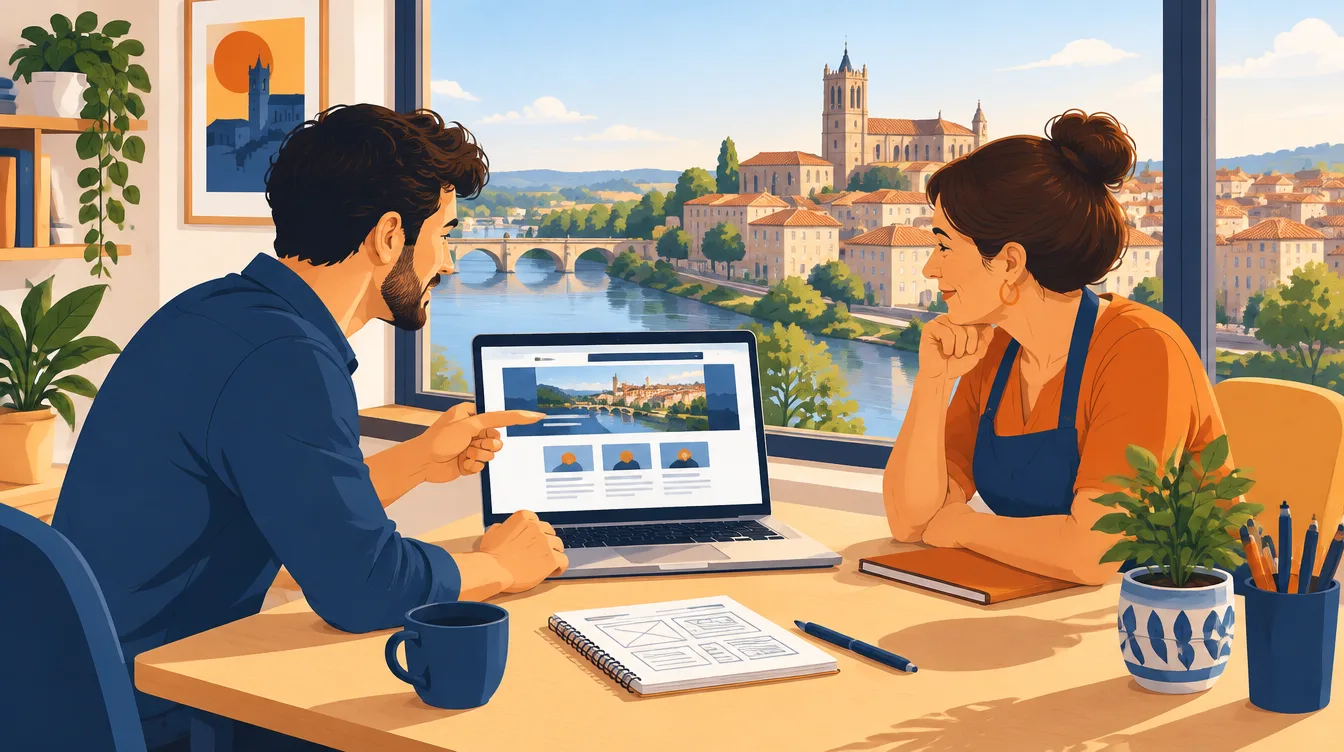 Webmaster indépendant et commerçant d’Agen échangeant autour d’une maquette de site internet
