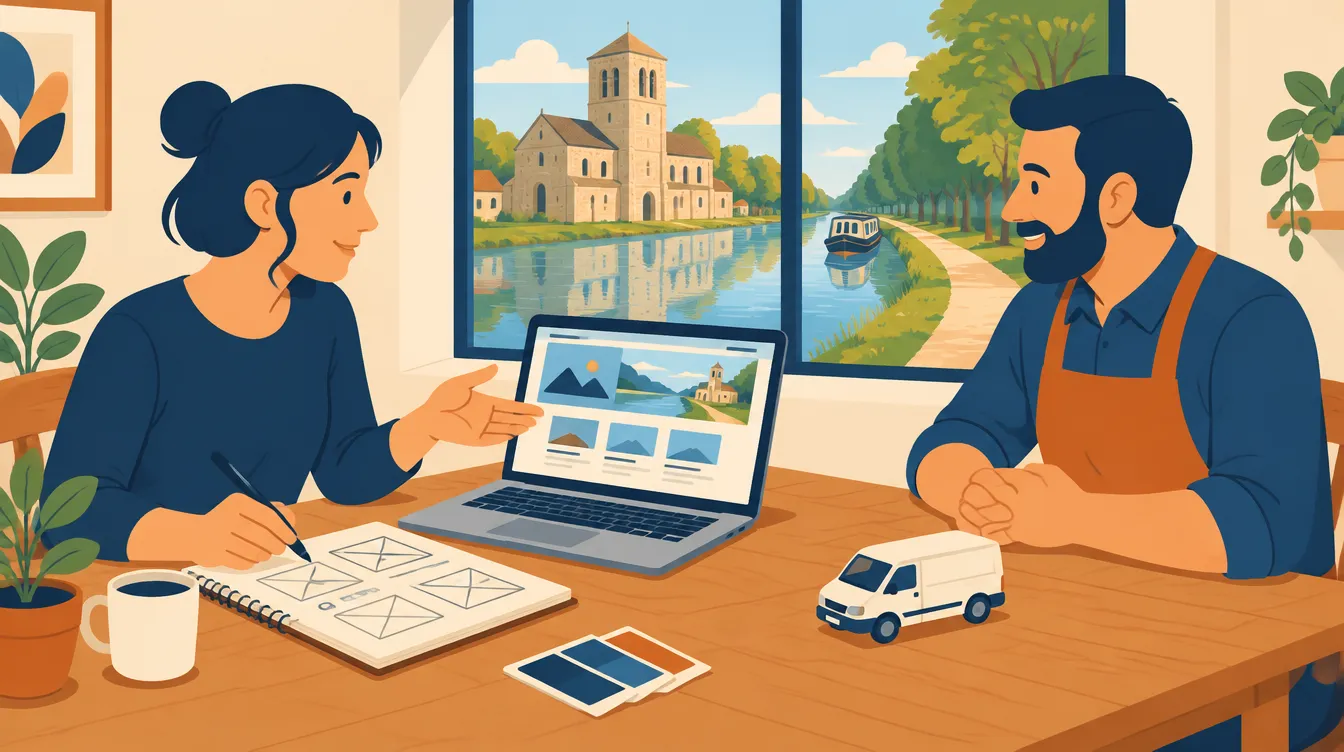 Illustration d’un rendez-vous entre un graphiste webmaster et un artisan pour créer un site internet à Brax, avec l’église romane et le canal en arrière-plan