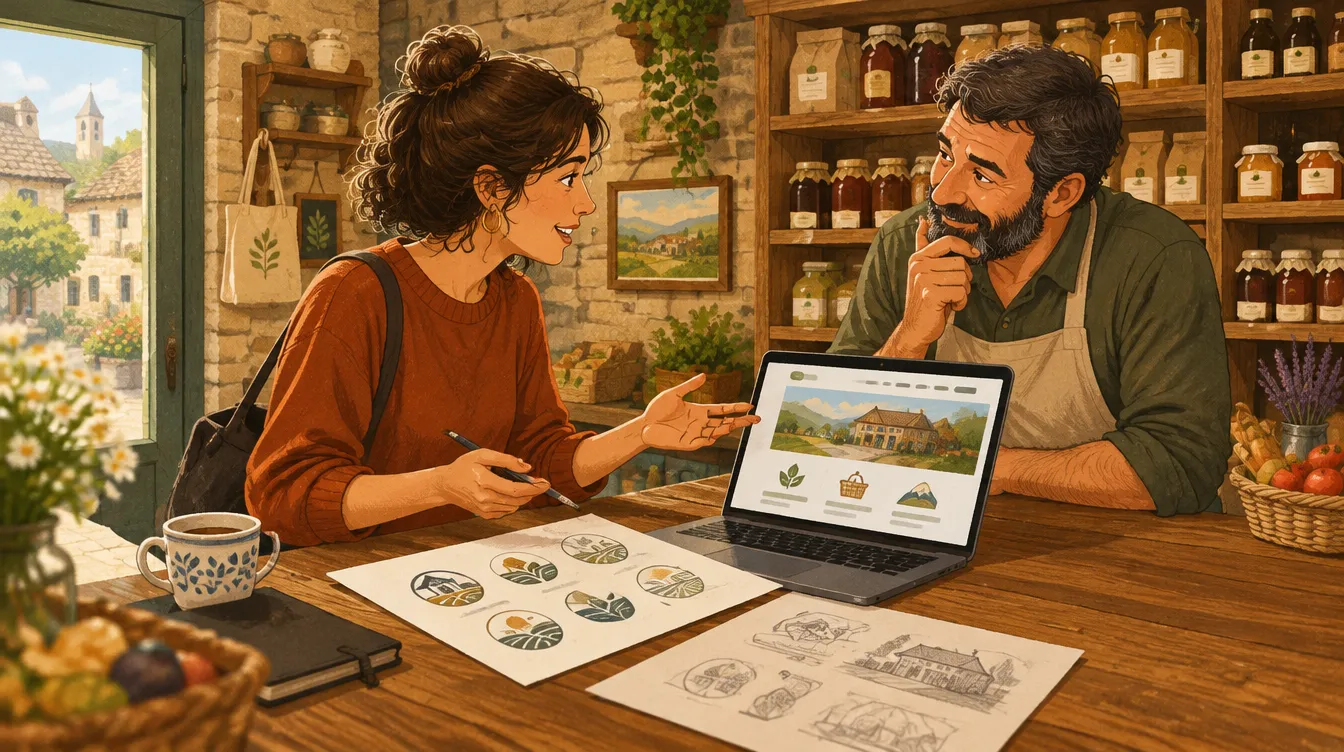 Illustration d’un rendez-vous entre un graphiste webmaster et un commerçant pour créer un site internet à Mézin