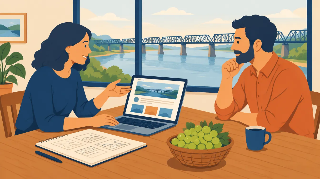 Illustration d’un rendez-vous entre un graphiste webmaster et un chef d’entreprise pour créer un site internet à Port-Sainte-Marie, avec la Garonne et le pont ferroviaire en arrière-plan