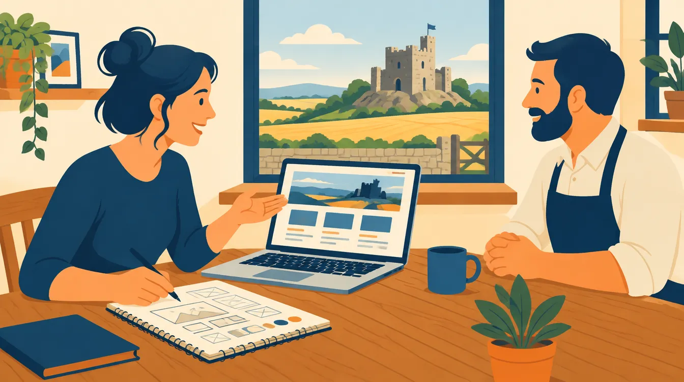 Illustration d’un rendez-vous entre un graphiste webmaster et un chef d’entreprise pour créer un site internet à Roquefort, avec le château et son donjon en arrière-plan