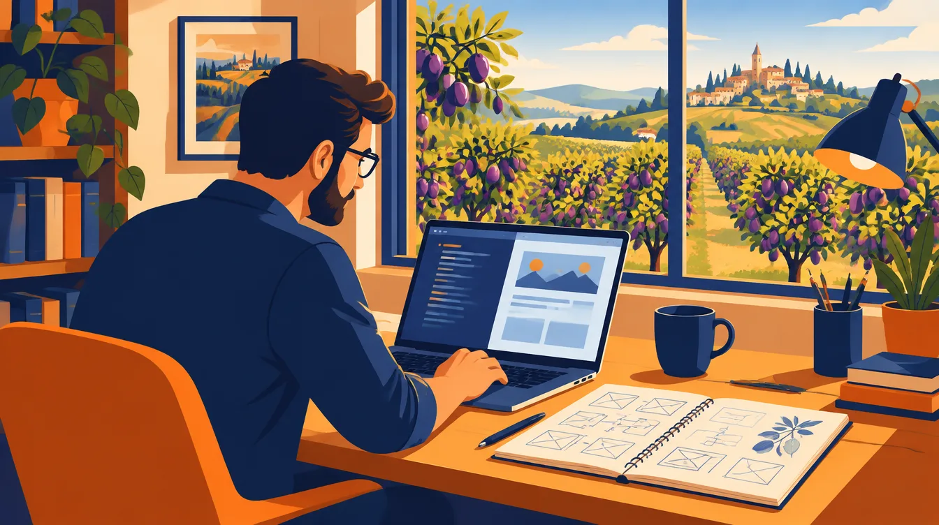 Webmaster au travail devant son ordinateur, vergers de pruniers du Lot-et-Garonne en arrière-plan