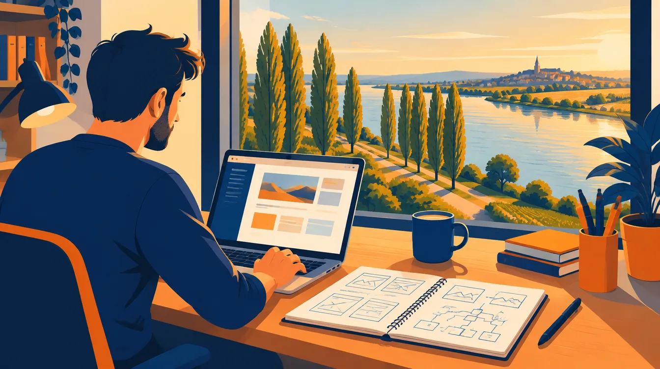 Webmaster au travail devant son ordinateur, peupliers et champs de la vallée de la Garonne en arrière-plan