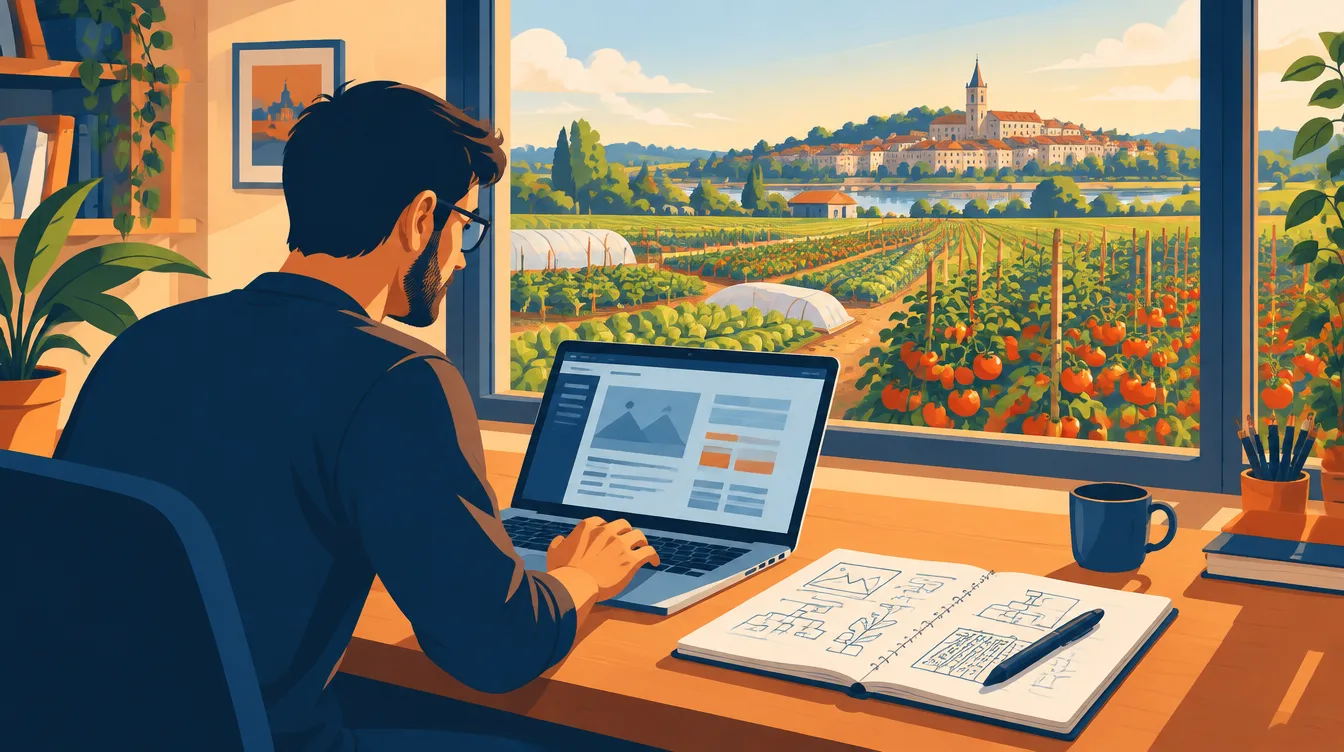 Webmaster au travail en Lot-et-Garonne, près des cultures maraîchères de Marmande