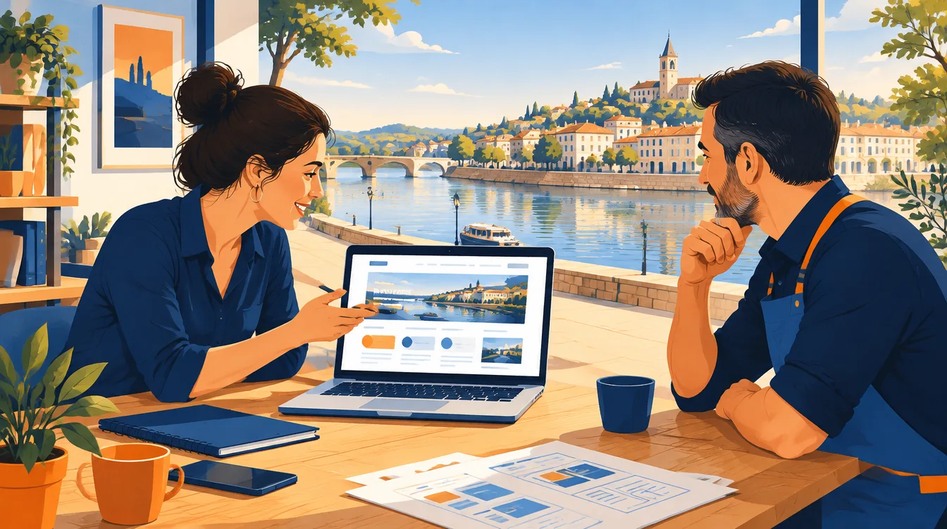 Webmaster indépendant et commerçant de Tonneins échangeant autour d’une maquette de site internet